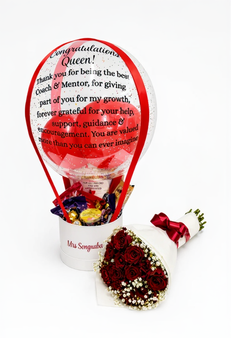 Hot air balloon-shaped gift with flowers and chocolates on a white background