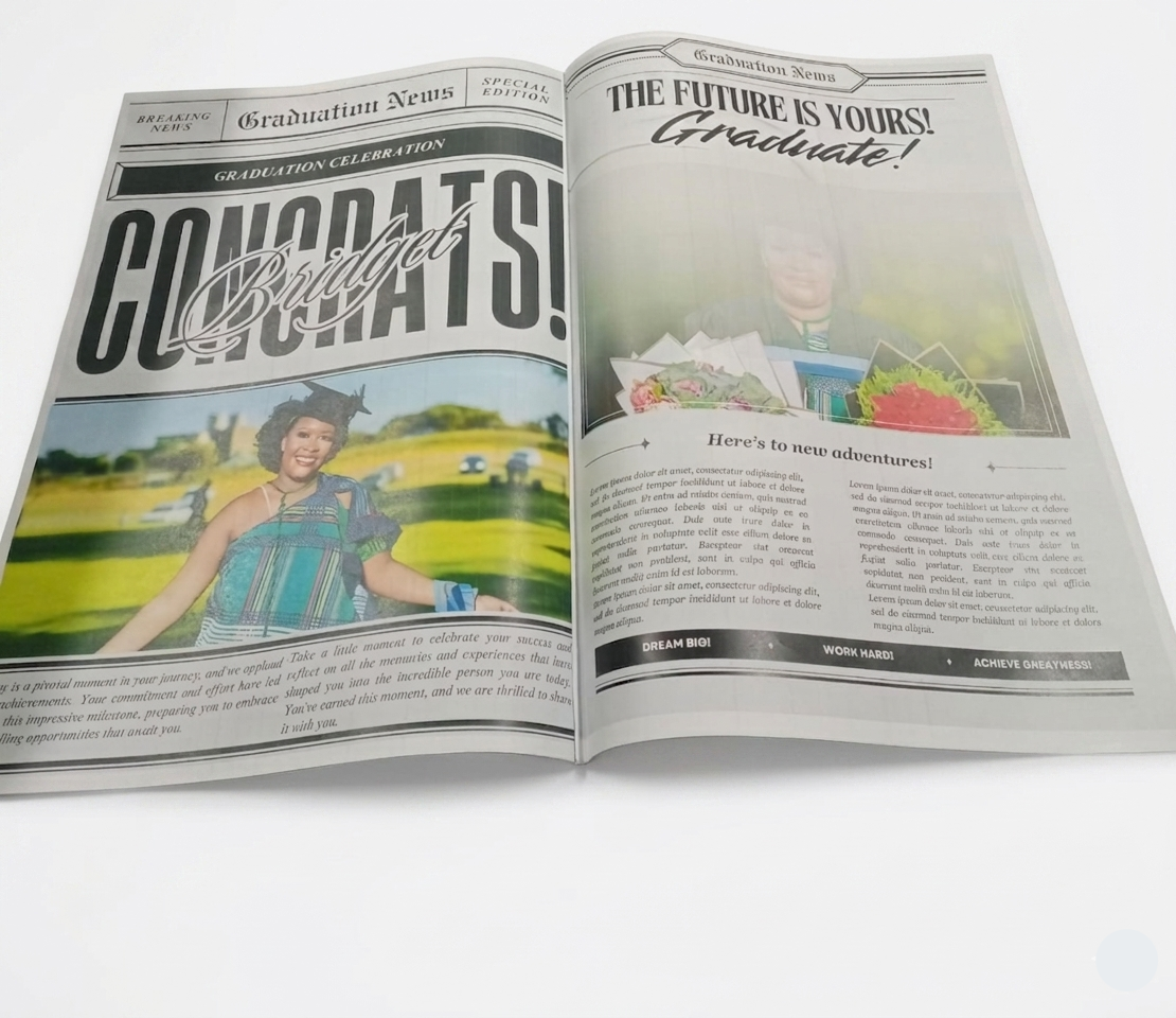Open magazine with graduation-themed content on a white background