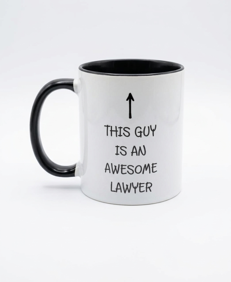 White mug with black interior and handle, featuring text and an arrow on a white background
