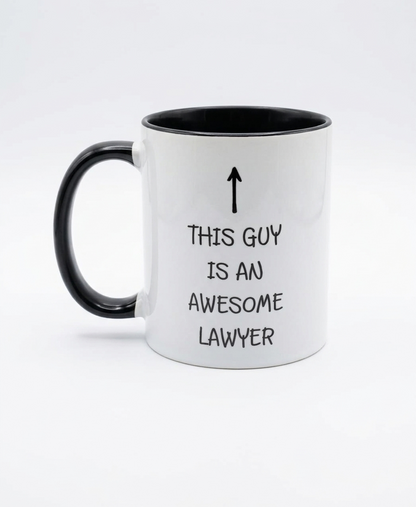 White mug with black interior and handle, featuring text and an arrow on a white background