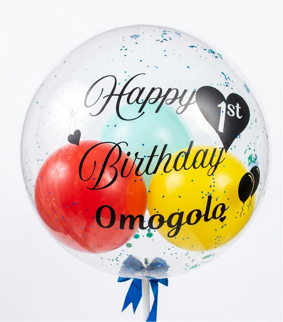 Transparent balloon with colorful sections and text 'Happy 1st Birthday Omogola' on a white background