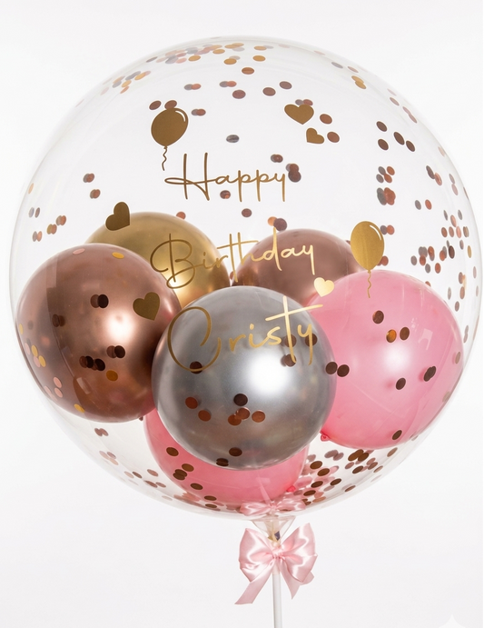 Clear balloon with gold, pink, and silver balloons inside, featuring 'Happy Birthday Christy' text.