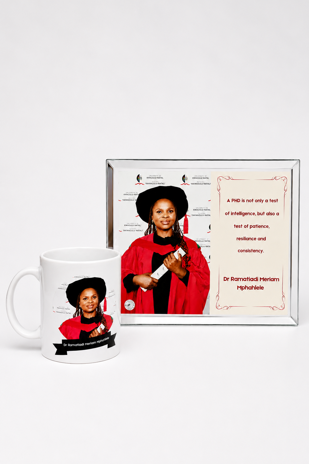 Mug and framed print featuring a person in graduation attire on a white background