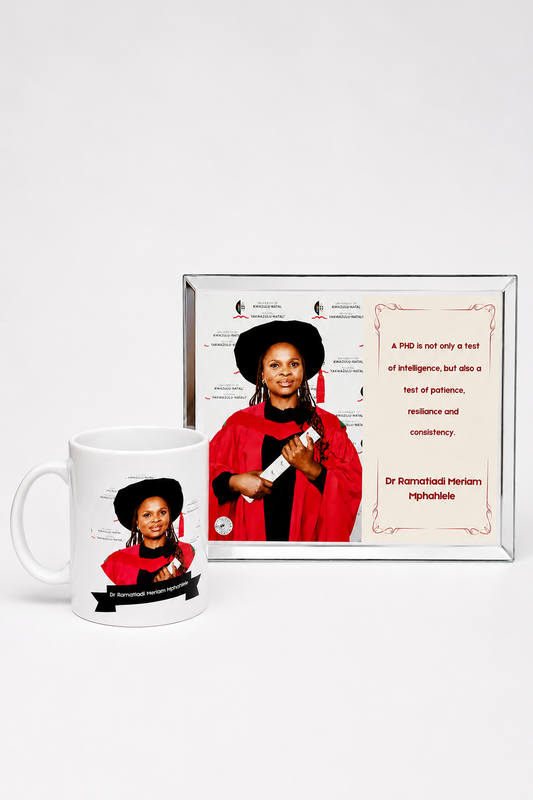 Mug and framed print featuring a person in graduation attire on a white background