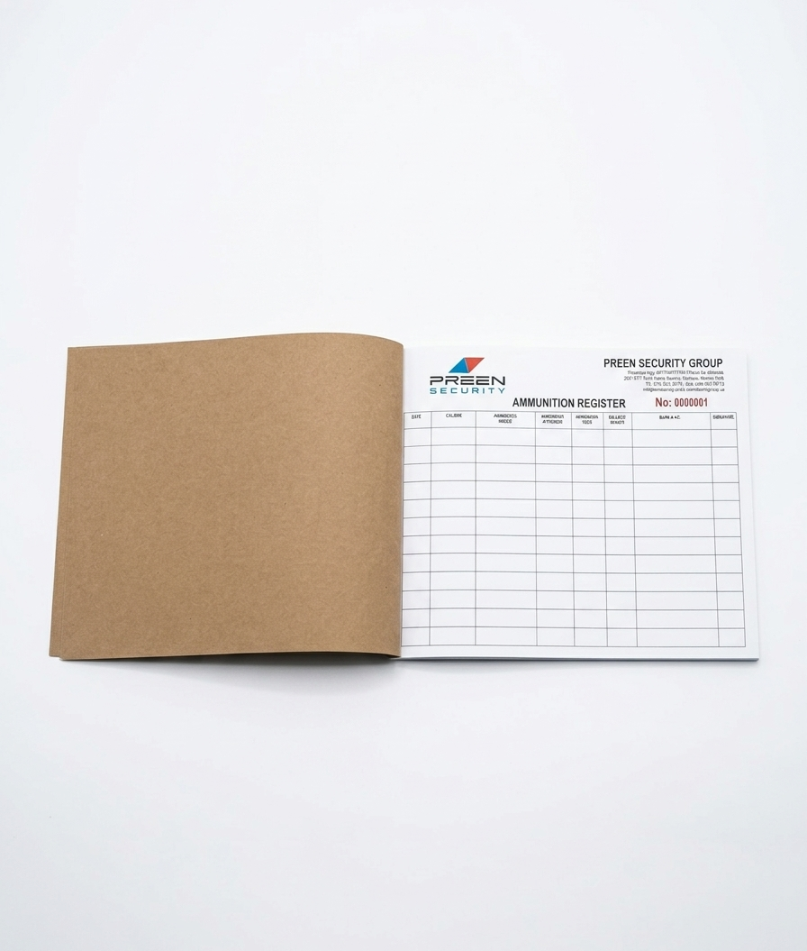 Ammunition register with a printed page on a white background