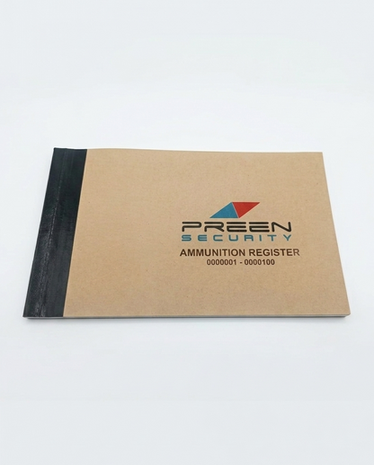 Ammunition register book with Security' branding on a white background