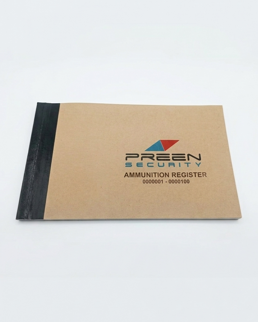 Ammunition register book with Security' branding on a white background
