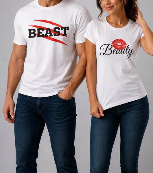 Man and woman wearing matching white t-shirts with 'BEAST' and 'My Beauty' text on a gray background