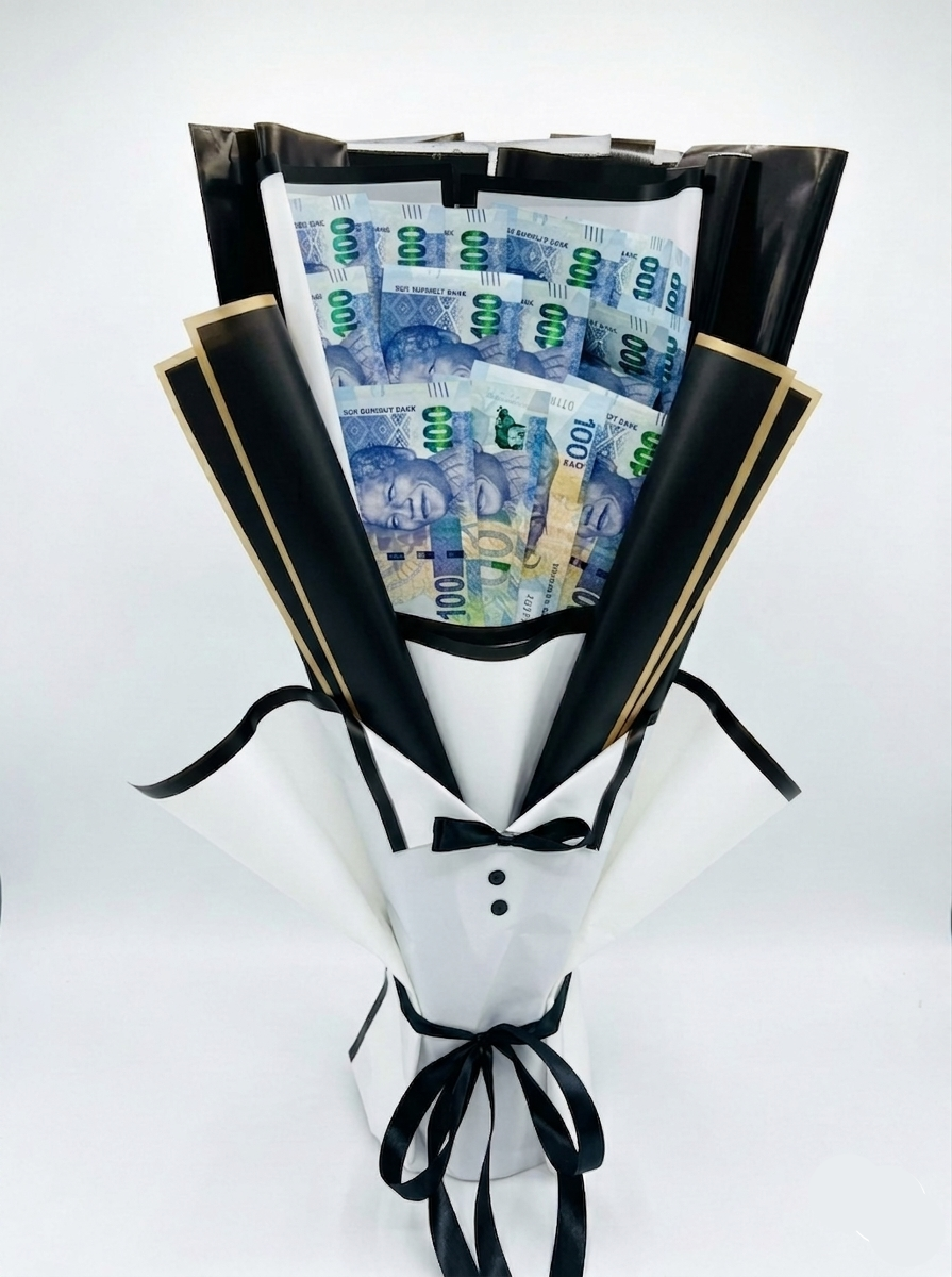 Bouquet made of money with a black ribbon on a white background