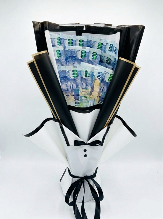 Bouquet made of money with a black ribbon on a white background