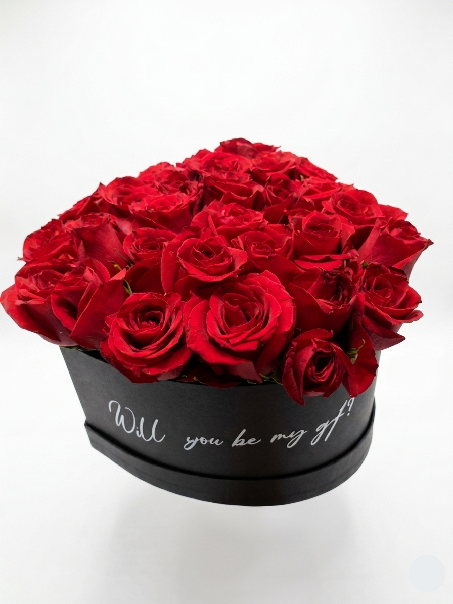Box of red roses with 'Will you be my gift?' text on a white background