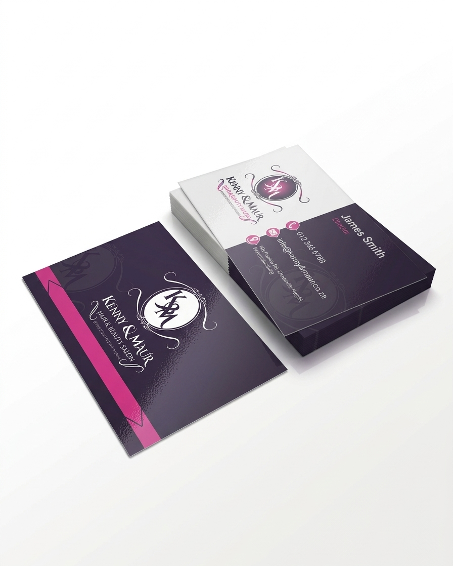 Set of business cards with a purple and pink design on a white background