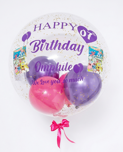 Personalized birthday balloon with pink and purple balloons and text on a white background