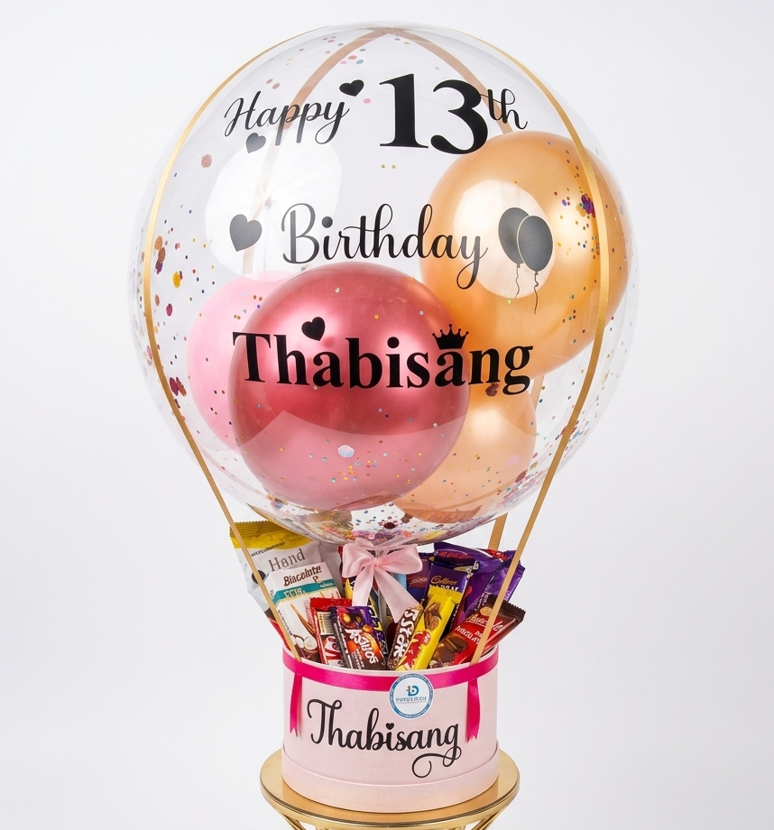 Personalized birthday balloon with candy inside on a white background