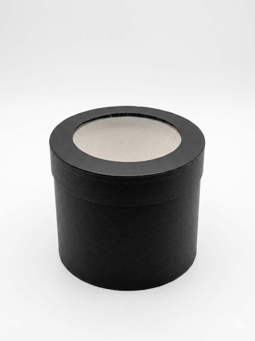 Black cylindrical container with a circular window on a white background