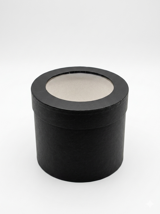Black cylindrical container with a circular window on a white background