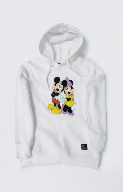 White hoodie with cartoon characters on a white background