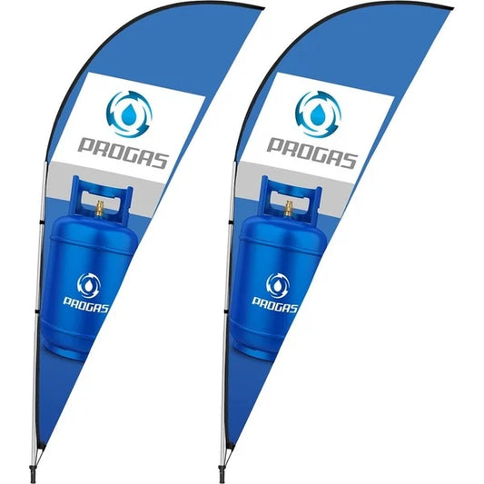 Two Teardrop Banner branded flags with blue canister graphics on a white background
