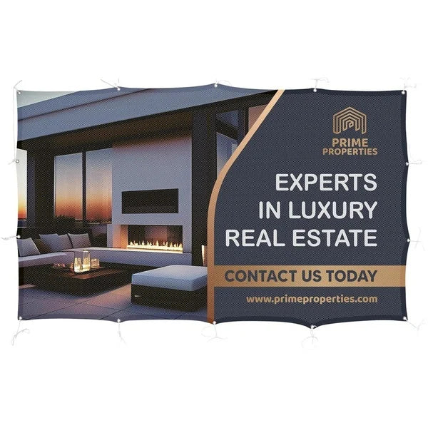Prime Properties Outdoor Display Fabric Fence banner advertising luxury real estate with a modern outdoor living space in the background.