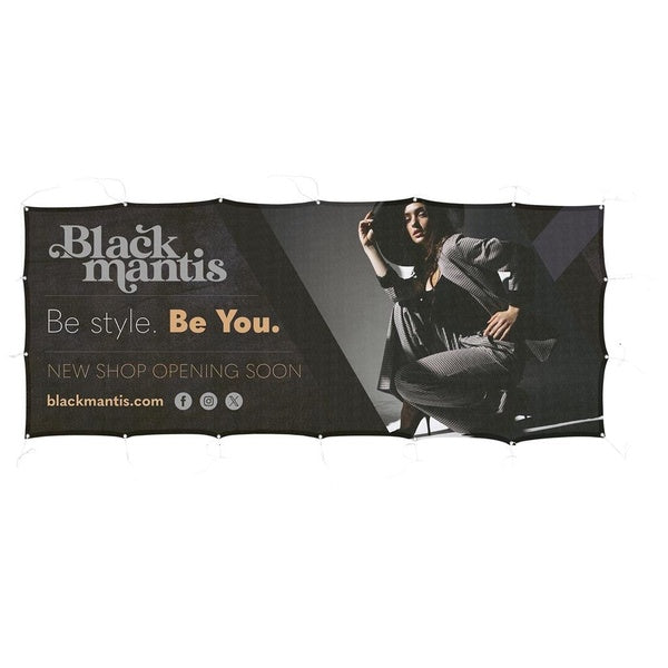  Outdoor Display Fabric Fence banner with promotional text.