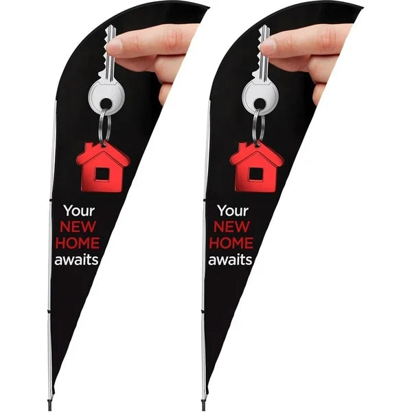 Two black  Teardrop Banner with a key and house icon, featuring 'Your NEW HOME awaits' text.