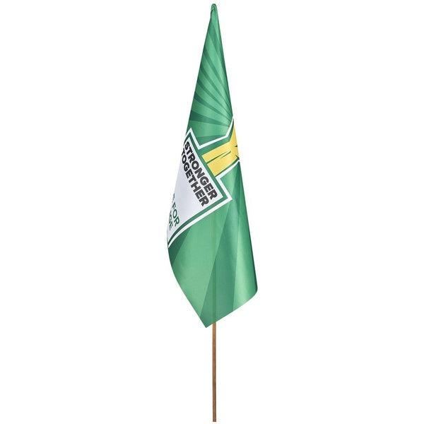 Green flag with a logo and text on a white background