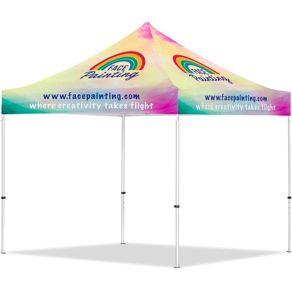 Portable Ovation Sublimated Gazebo stand with branding on a white background