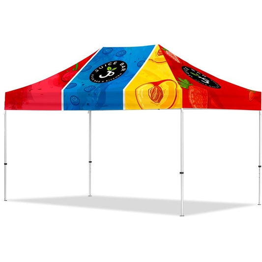 Portable Ovation Sublimated Gazebo stand with branding on a white background