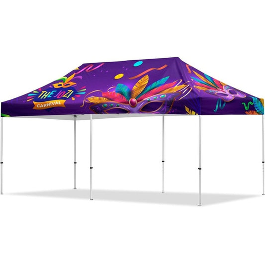 Portable Ovation Sublimated Gazebo stand with branding on a white background