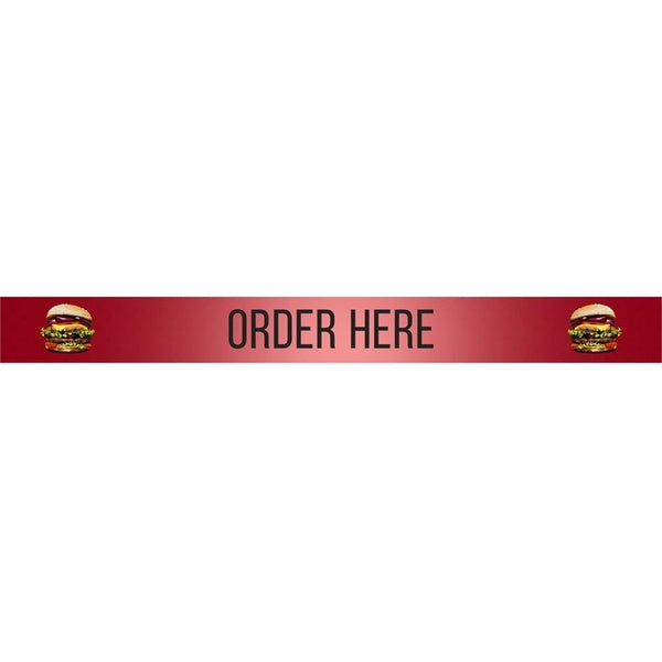 Red vinyl sticker with 'ORDER HERE' text and burger graphics on a white background