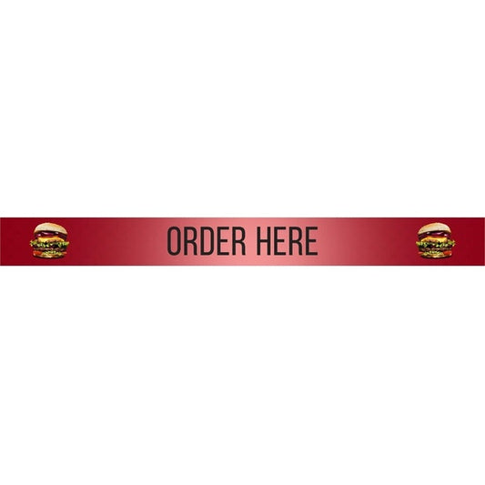 Red vinyl sticker with 'ORDER HERE' text and burger graphics on a white background