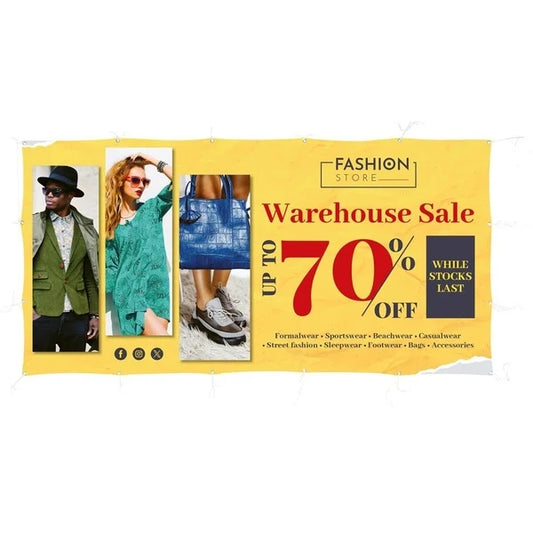 Sublimated Display Fabric Banner for a fashion store warehouse sale with promotional text