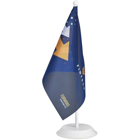 Tabletop flag with a blue and gold design on a white background