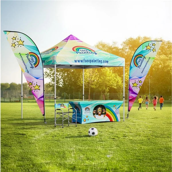 Outdoor event Display with a colorful canopy tent, flags
