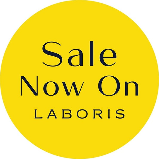 Yellow circle vinyl sticker  with 'Sale Now On LABORIS' text
