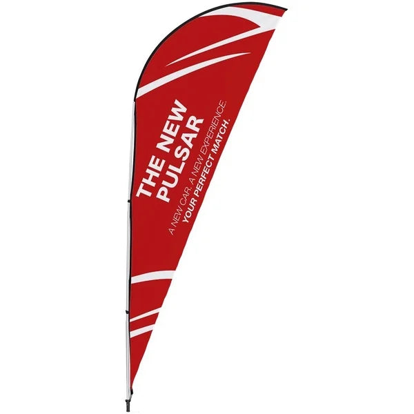 Red and white promotional Teardrop Banner with text on a white background