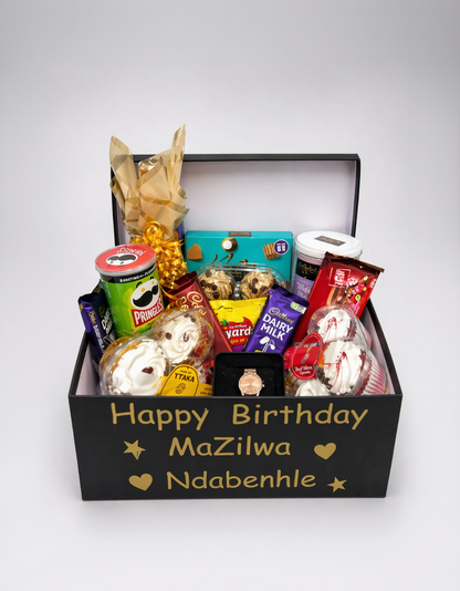 Gift basket with various items and personalized text on a white background