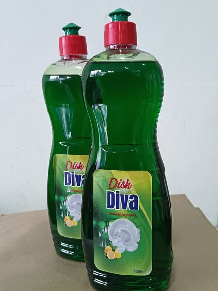 Two bottles of Dish Diva dishwashing liquid on a neutral background