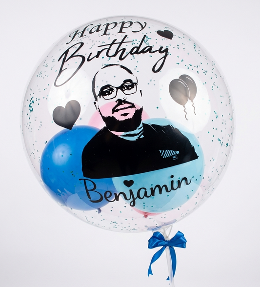 Personalized birthday balloon with a portrait and 'Happy Birthday Benjamin' text on a white background