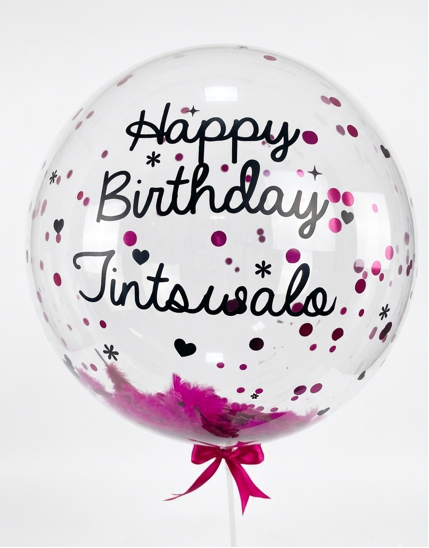Clear balloon with 'Happy Birthday Tintswalo' text and pink confetti on a white background
