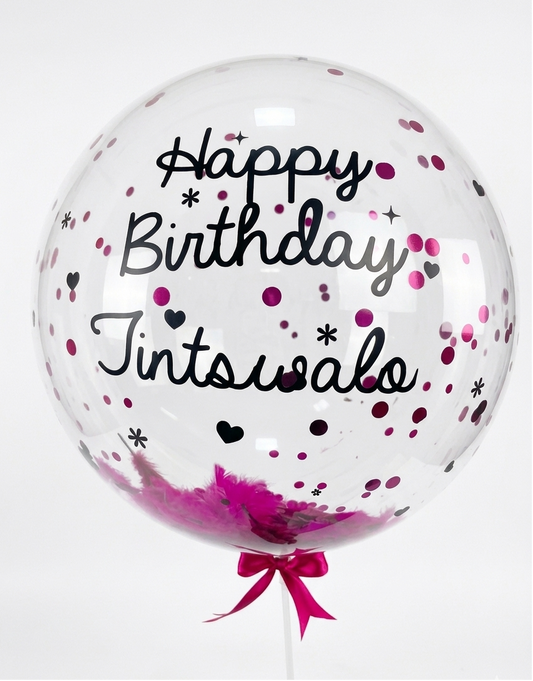 Clear balloon with 'Happy Birthday Tintswalo' text and pink confetti on a white background