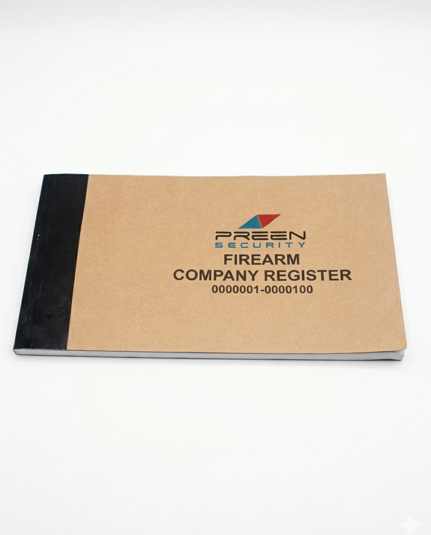Firearm company register book with Preen Security branding on a white background