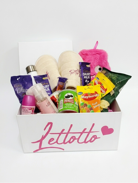 Gift basket with various items including snacks
