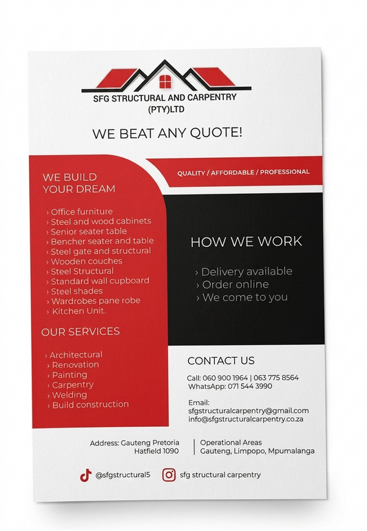 Flyer for SFG Structural and Carpentry Pty Ltd with contact information and services listed.