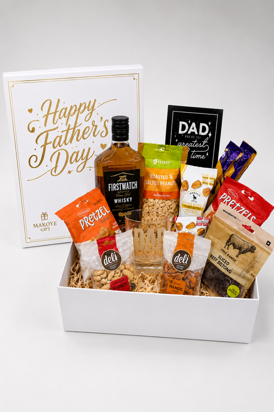 Gift box with snacks and a bottle of whiskey, featuring 'Happy Father's Day' card.