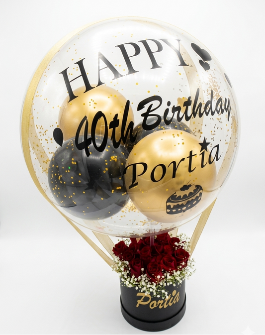 Decorative balloon with 'Happy 40th Birthday Portia' text and balloons inside, on a white background.