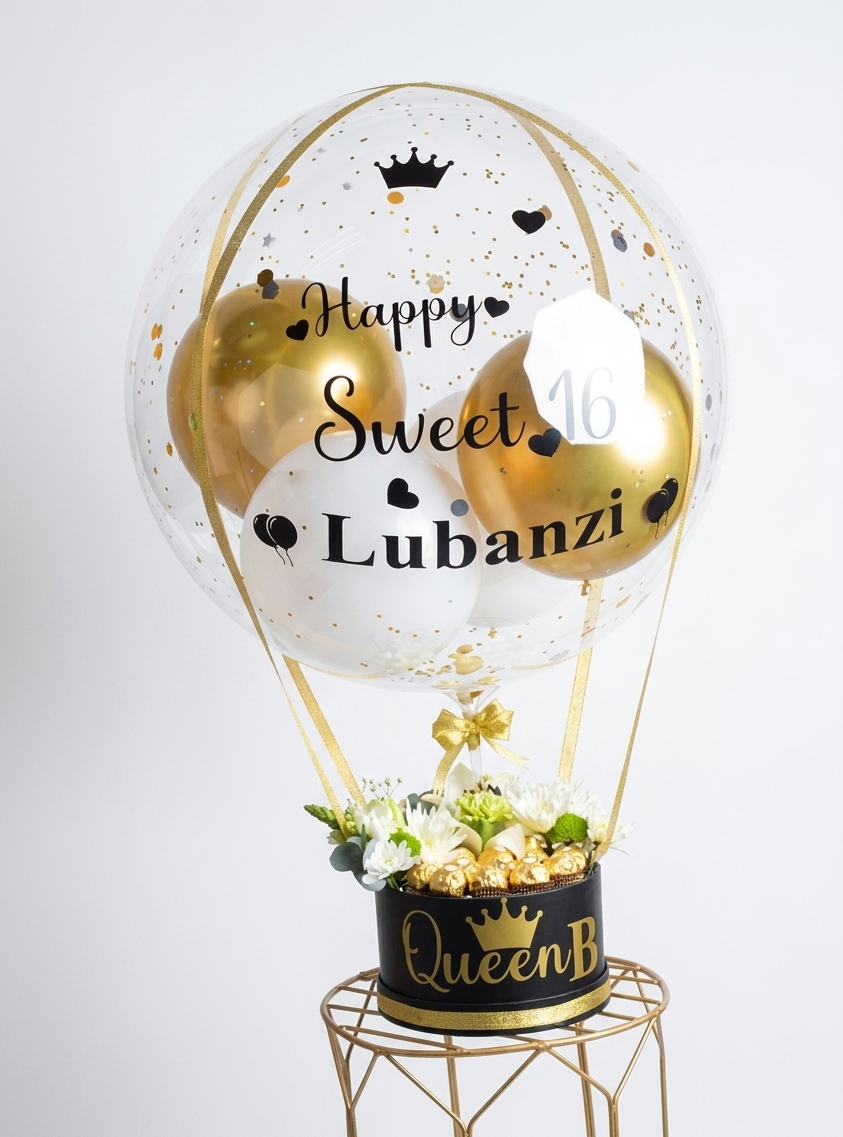 Decorative balloon with 'Happy Sweet 16 Lubanzi' text, gold and black theme, on a white background.