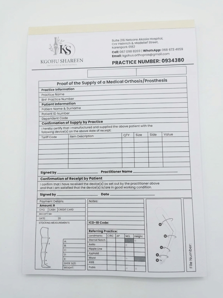 Medical orthosis/prosthesis supply confirmation form on a white background