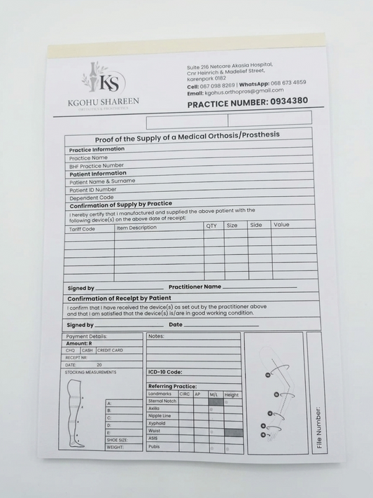 Medical orthosis/prosthesis supply confirmation form on a white background