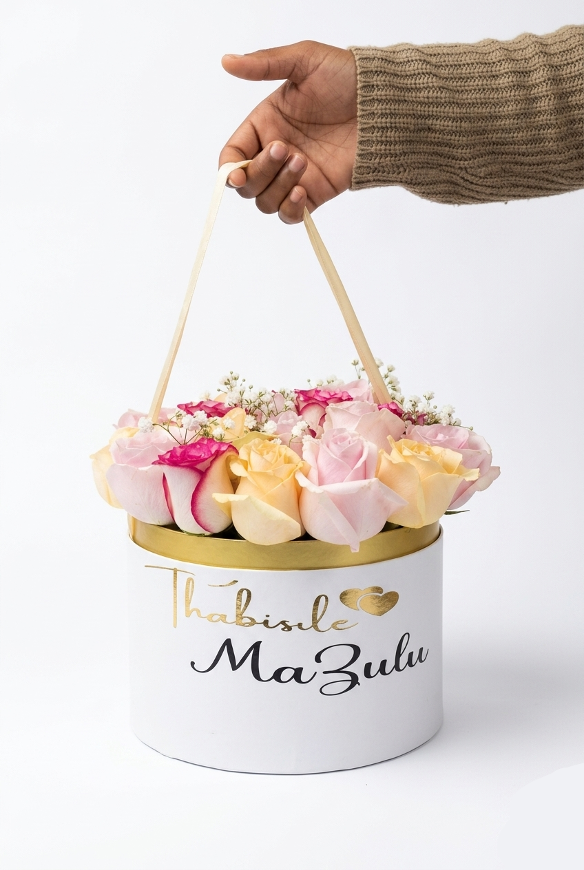 Floral arrangement in a white box with 'Thabizile Mazulu' text, held by a hand.
